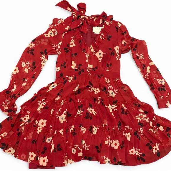 kate spade Dresses & Skirts - Kate Spade Red Floral Tiered silk Dress Bow Neck Romantic Size 2